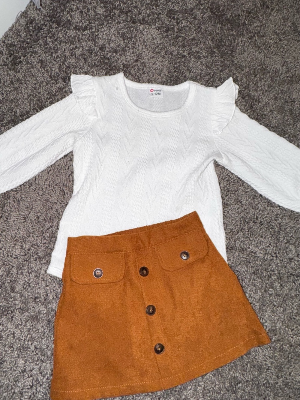 9-12m White Ruffle Shoulder Knit Top & Rust Button Skirt Outfit